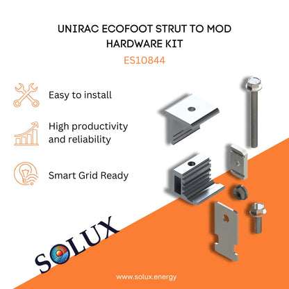 Unirac ES10844 Strut to Module Hardware Kit with various metal brackets and bolts for solar mounting.