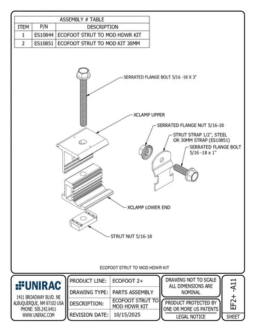 Assembly diagram of the ES10844 Strut to Module hardware kit showing XCLAMP components and mounting fasteners.