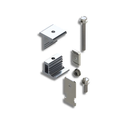 Product image of ES10844 silver metal solar hardware kit with brackets and fasteners on a white background.