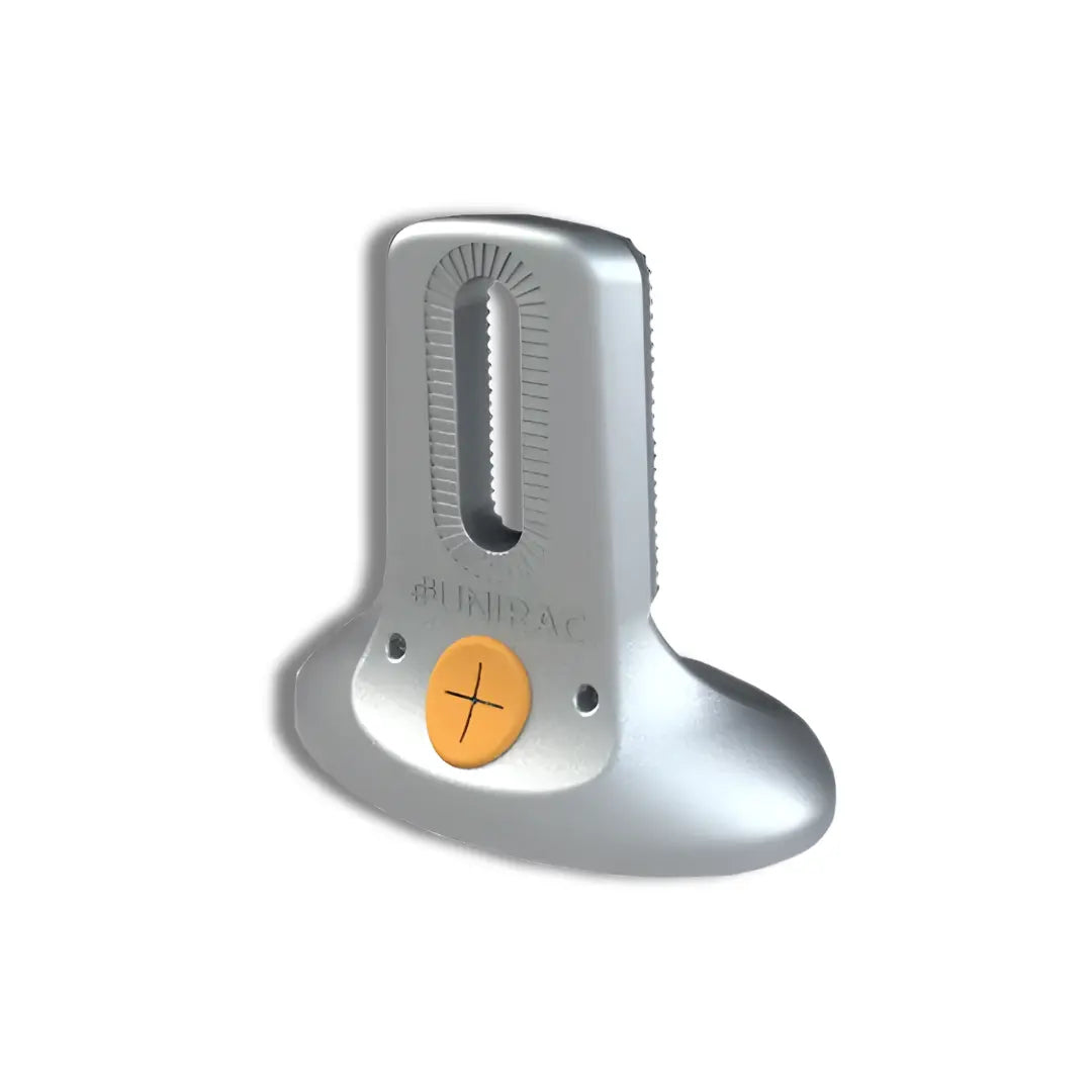 A high-resolution product image of 004085M (Unirac FlashLoc Comp Kit, Mill), featuring a silver cast-aluminum structural attachment for composition shingle roofs. The unit features a serrated vertical slot for rail height adjustment and an integrated orange sealant port designed to ensure a watertight, "no-flashing" connection to the roof rafters.