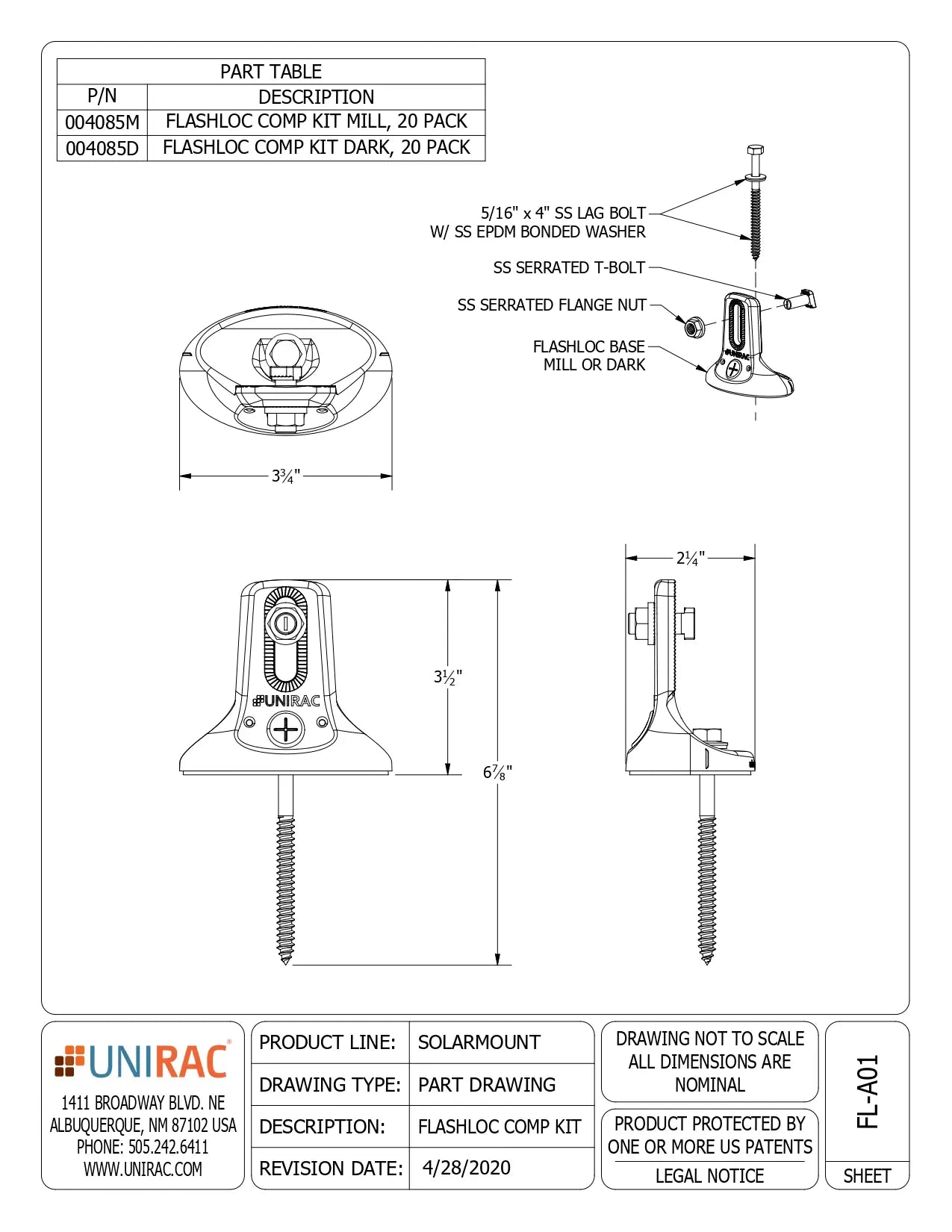 Technical engineering part drawing for the 004085M Unirac 004085M (FlashLoc Comp Kit), featuring an exploded assembly and multi-view dimensional diagrams.