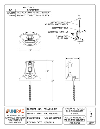 Technical engineering part drawing for the 004085M Unirac 004085M (FlashLoc Comp Kit), featuring an exploded assembly and multi-view dimensional diagrams.