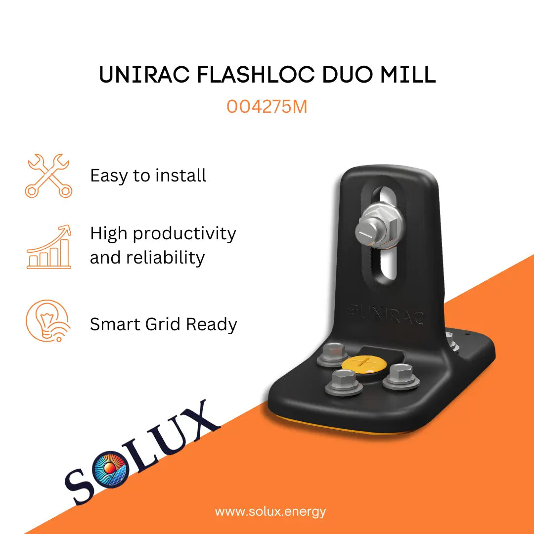 Unirac Flashloc Duo Mill 004275M marketing graphic with SOLUX logo and product features.