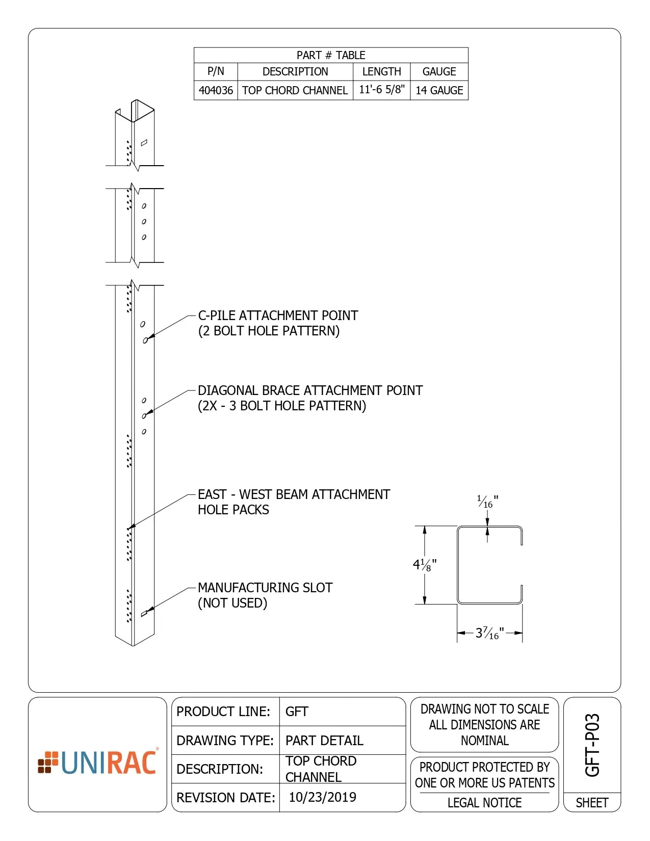 Technical spec sheet for 404036 cord channel showing dimensions, part table, and engineering details.