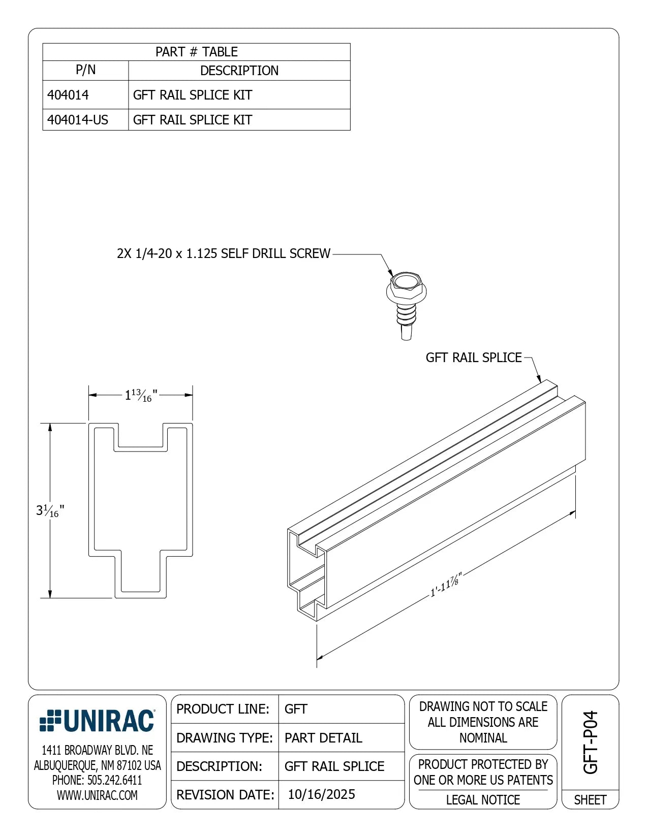 This is an image of Unirac GFT Rail Splice Kit - Domestic Solution