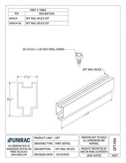 This is an image of Unirac GFT Rail Splice Kit - Domestic Solution