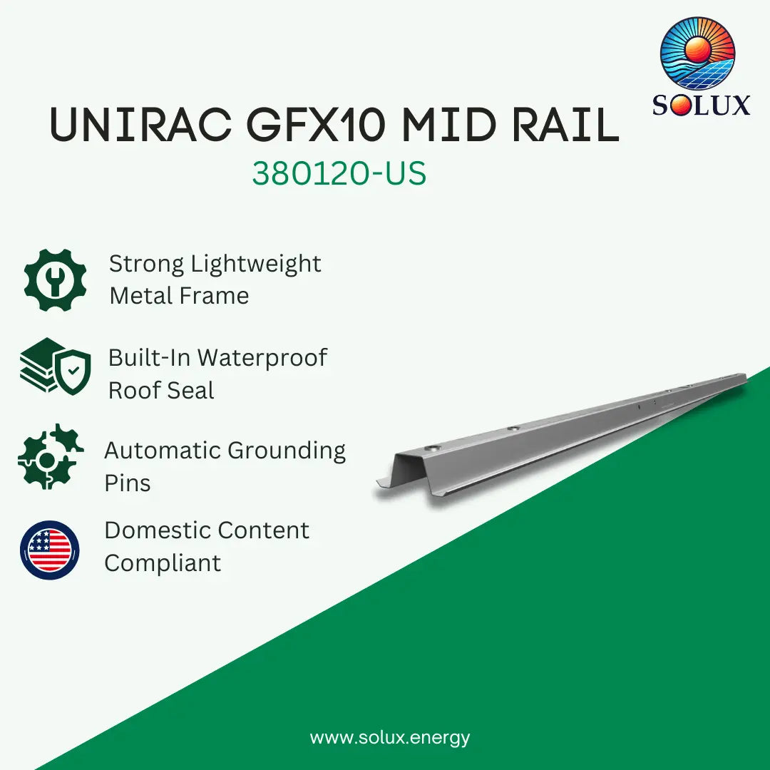 UNIRAC GFX10 MID RAIL 380130-US by Solux, shown as a metallic aluminum profile rail on a split white and green background with product feature icons.