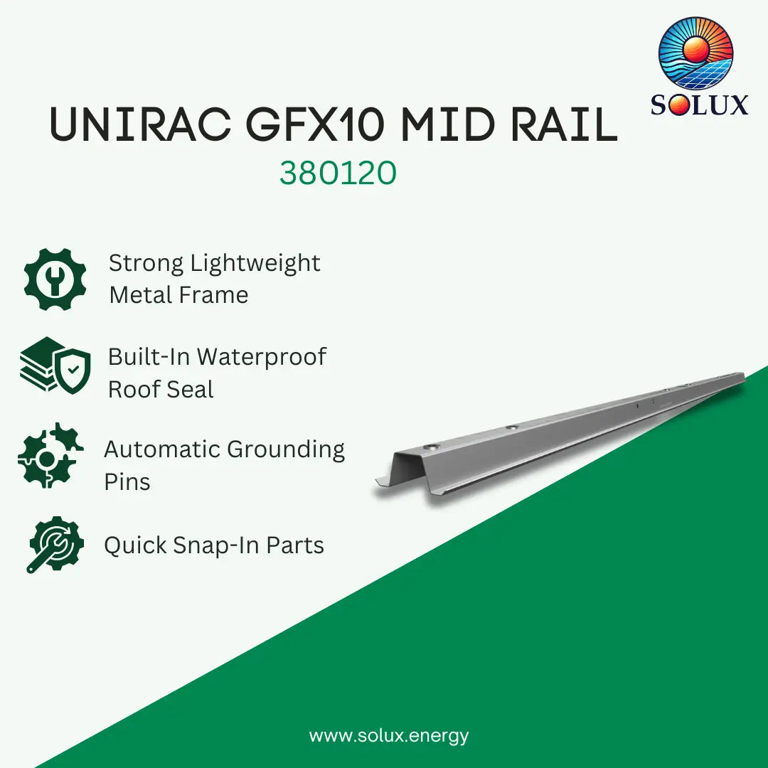 SOLUX Unirac Gfx10 Mid Rail 380120 product information graphic on a white and green background, featuring a silver metal rail and feature icons for lightweight metal frame, waterproof roof seal, grounding pins, and quick snap-in parts.