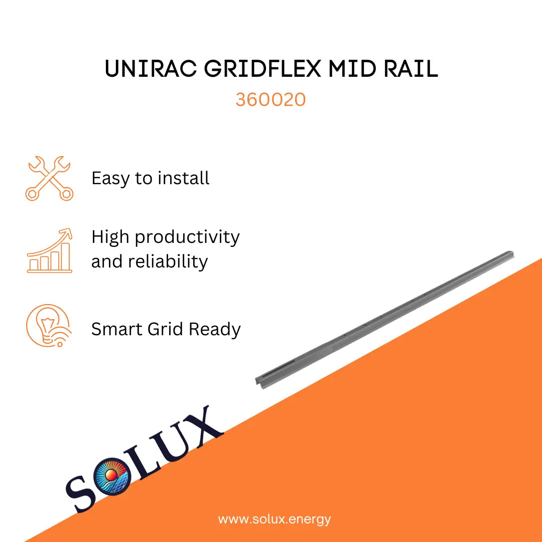 Unirac 360020 GridFlex Mid Rail, featuring easy install, high reliability, and Smart Grid Ready for solar systems.
