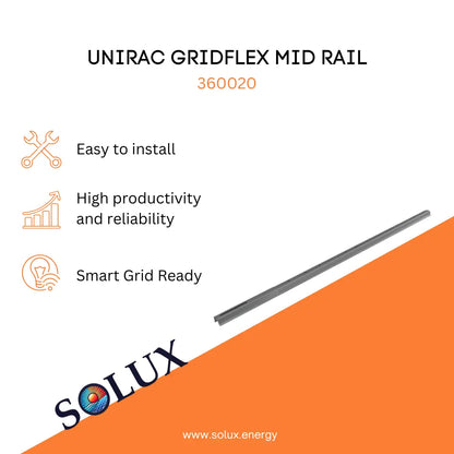 Unirac 360020 GridFlex Mid Rail, featuring easy install, high reliability, and Smart Grid Ready for solar systems.