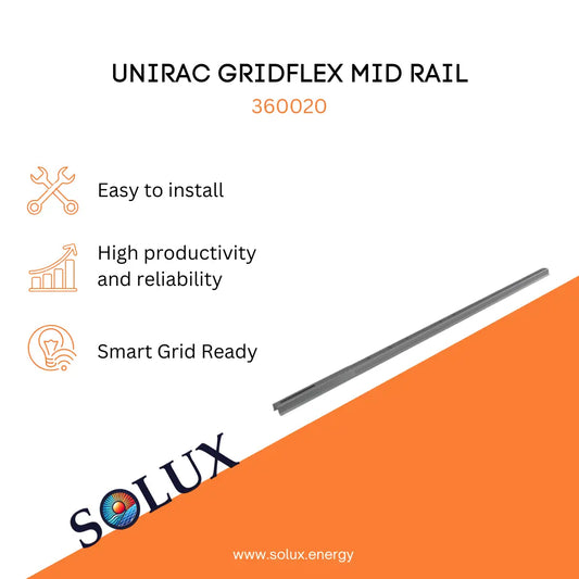 Unirac 360020 GridFlex Mid Rail, featuring easy install, high reliability, and Smart Grid Ready for solar systems.