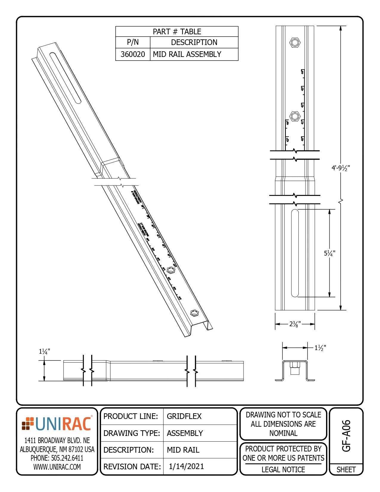 Technical assembly drawing of Unirac 360020 mid rail, with top, side, end, and isometric views and dimensions.