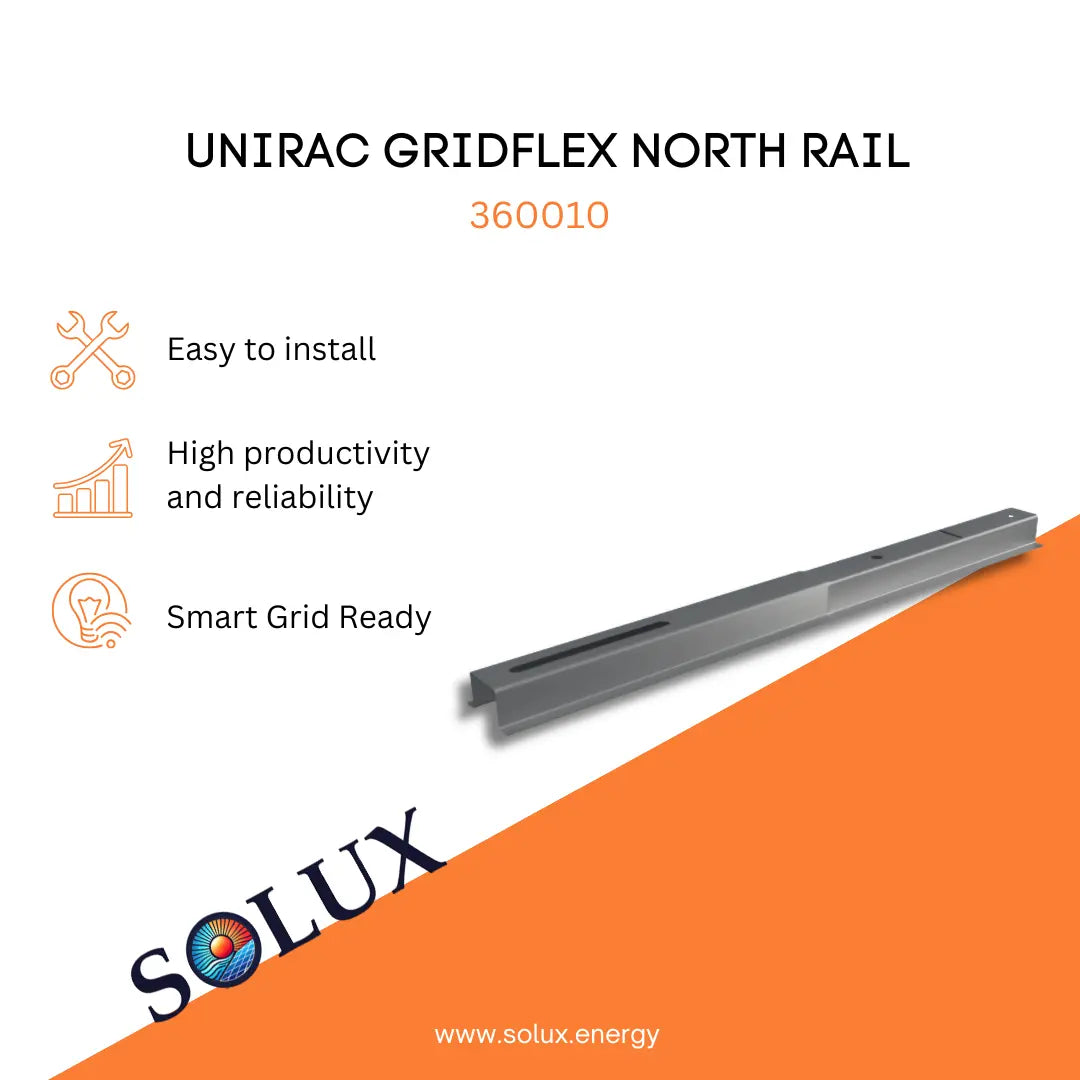 Unirac 360010 GridFlex North Rail (Mill) featuring easy install, high reliability, and smart grid readiness.
