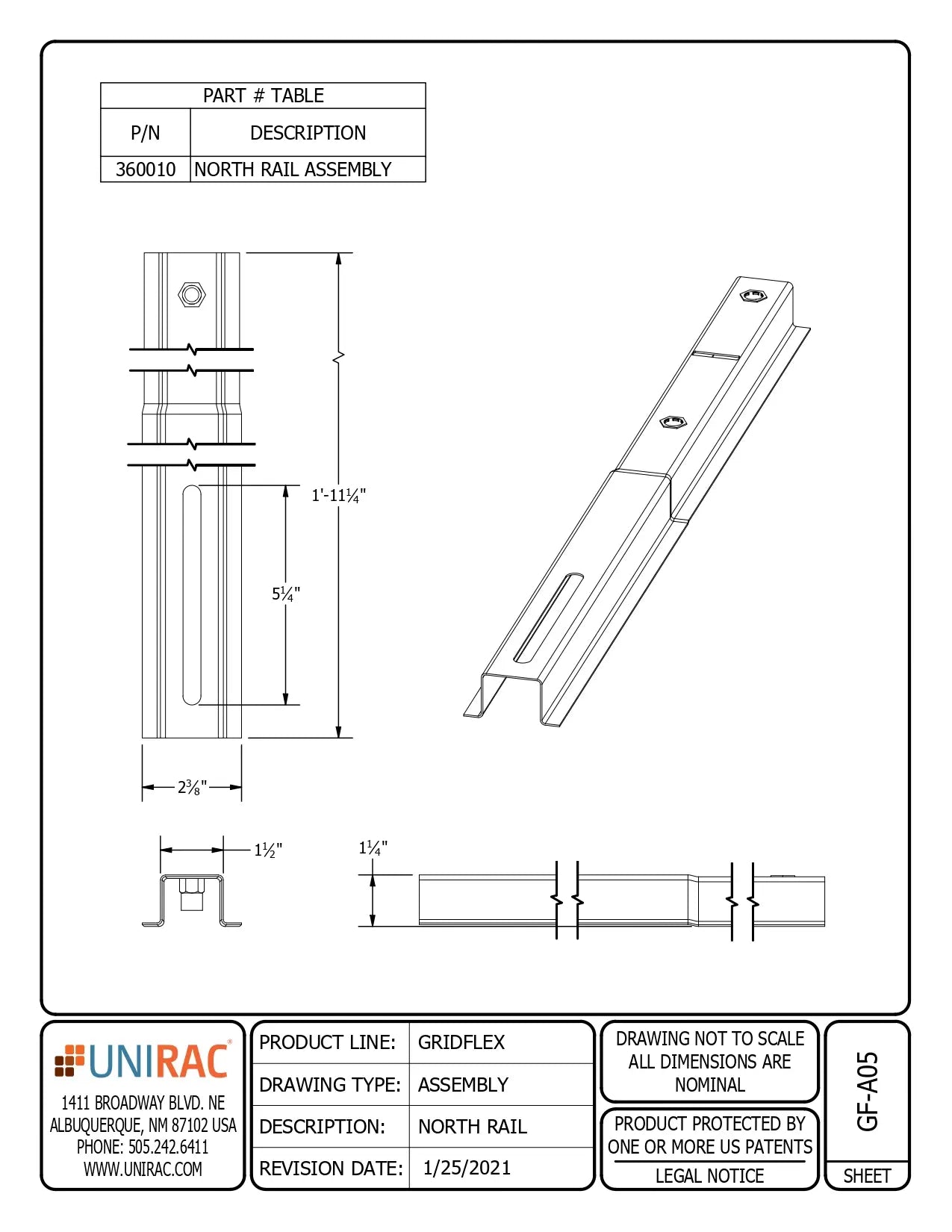 Technical drawing of the 360010 GridFlex North Rail showing top, side, and isometric assembly views.