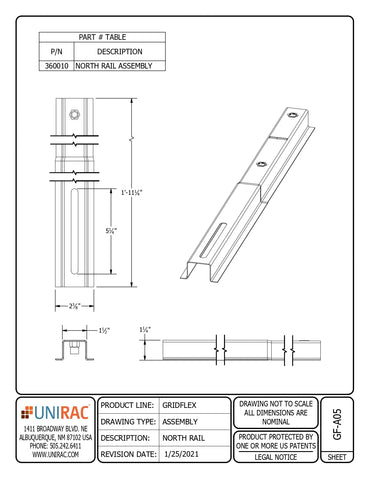 Technical drawing of the 360010 GridFlex North Rail showing top, side, and isometric assembly views.