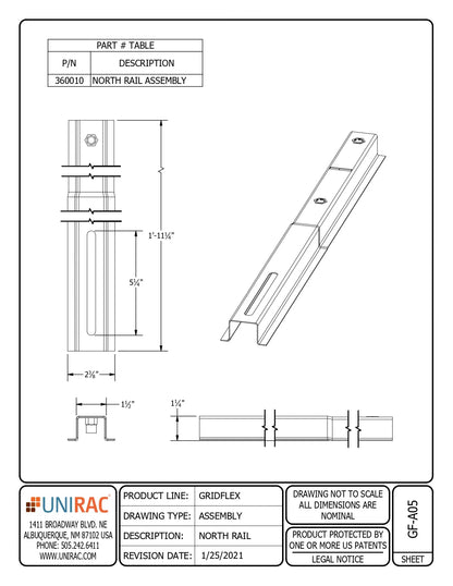Technical drawing of the 360010 GridFlex North Rail showing top, side, and isometric assembly views.