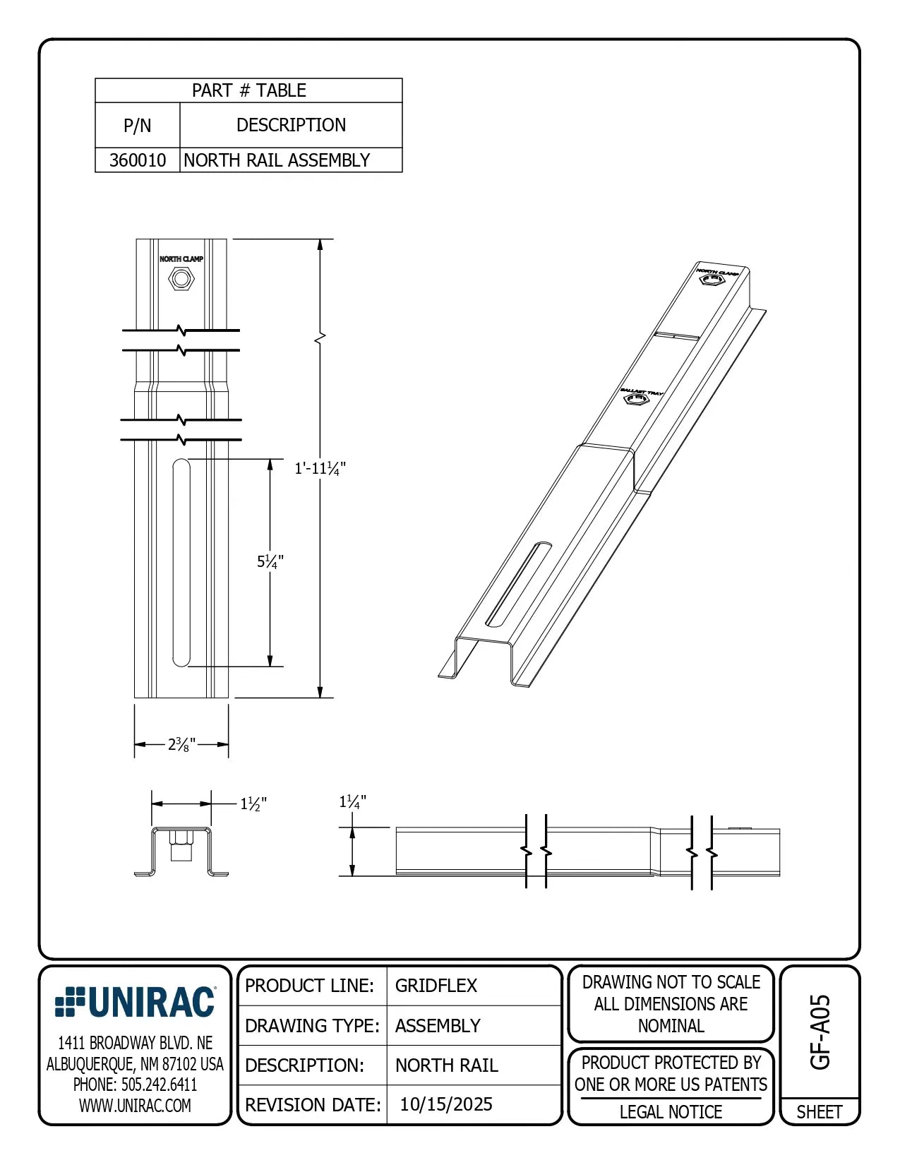unirac gridflex rail  technical drawing