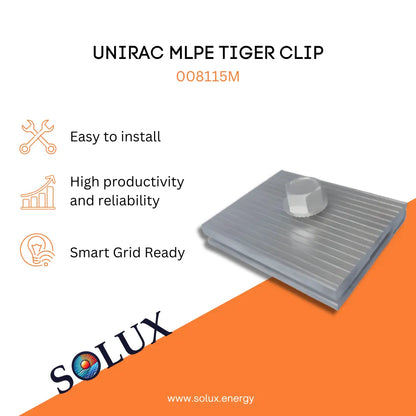 Unirac 008115M MLPE Tiger Clip Solar Mounting Clips graphic with SOLUX logo and installation feature icons.