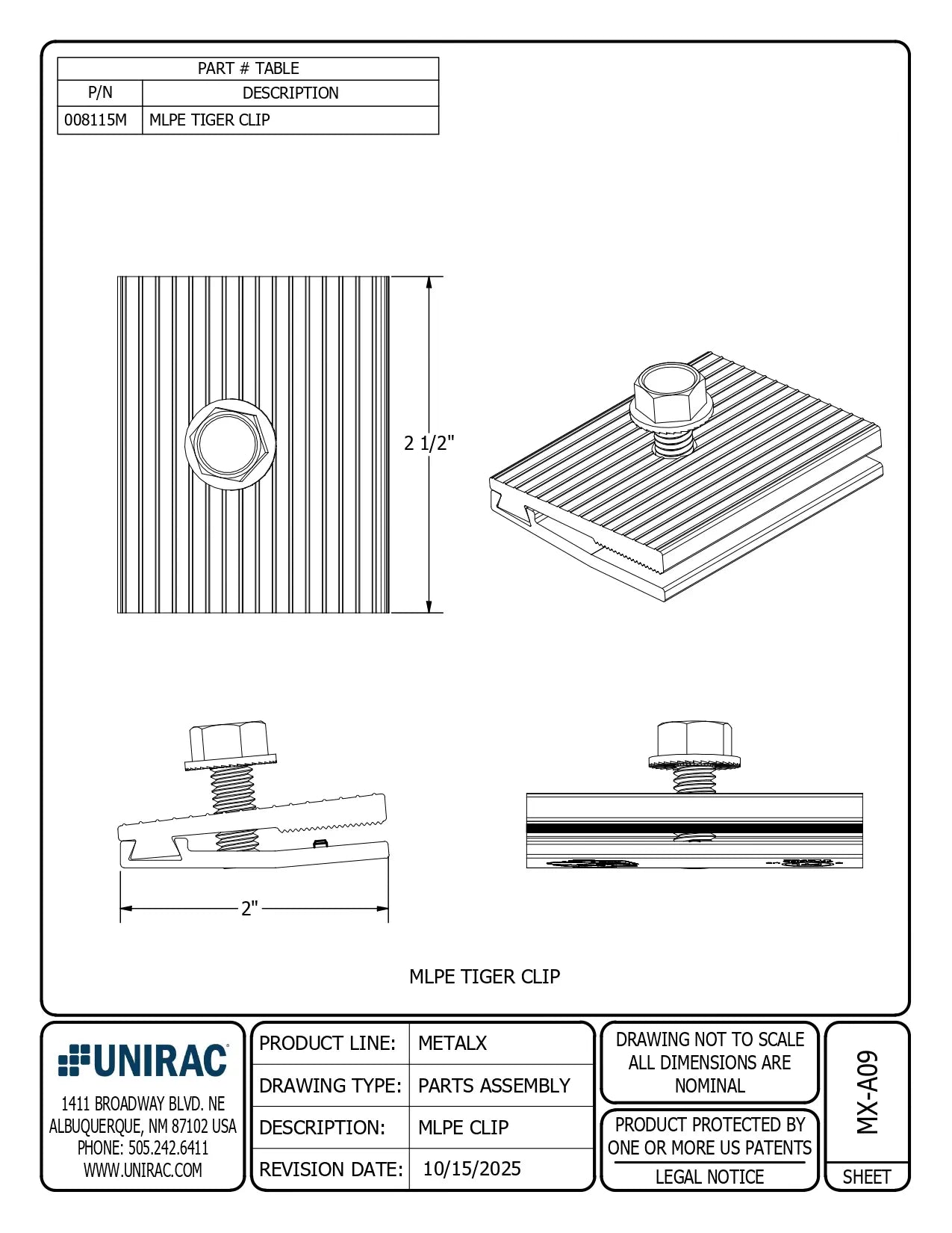 Technical spec sheet for 008115M mounting clips showing engineering dimensions and assembly views for the Tiger Clip.