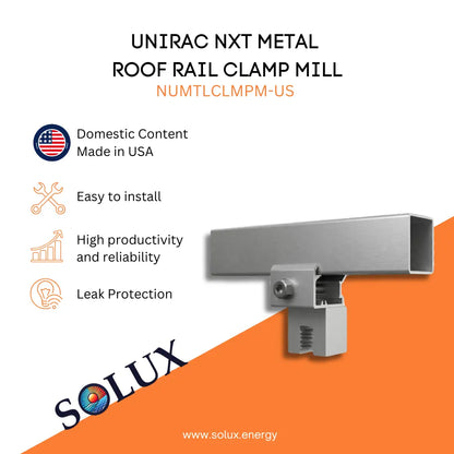 This is an image of Unirac Metal Roof Rail Clamps, Mill NUMTLCLMPM-US
Domestic Solution