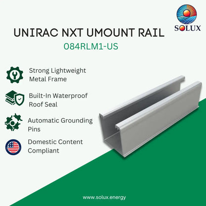 SOLUX Unirac NXT Umount Rail product graphic showing a silver metal U-channel rail on a white and green background with feature icons and text.
