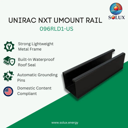 SOLUX Unirac NXT Umount Rail product listing graphic showing a black metal rail on a white and green background with feature icons and text.