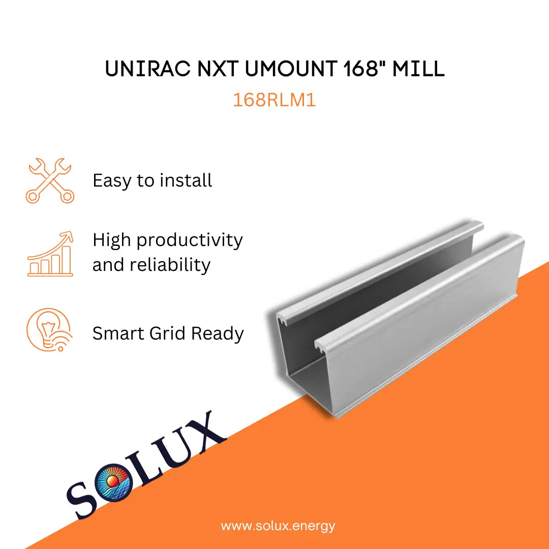 Unirac 168RLM1 NXT UMount 168" Mill Rail silver aluminum mounting profile with SOLUX brand logo.