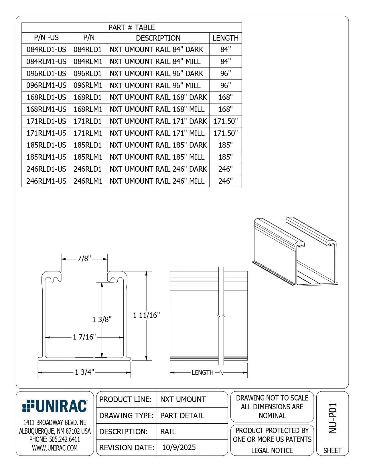 Technical spec sheet for 168RLM1 nxt umount rail with part number table and profile dimension drawings.