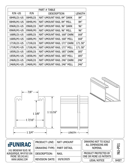 Technical spec sheet for 168RLM1 nxt umount rail with part number table and profile dimension drawings.