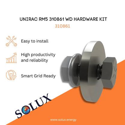 Marketing graphic for the Unirac Solar Mounting Accessories RM5 WD Hardware Kit (310861), featuring a stainless steel bolt assembly with a large flat washer and serrated flange nut designed for securing wind deflectors to ballasted racking. The image includes SOLUX branding and icons for easy installation, high productivity and reliability, and smart grid readiness.