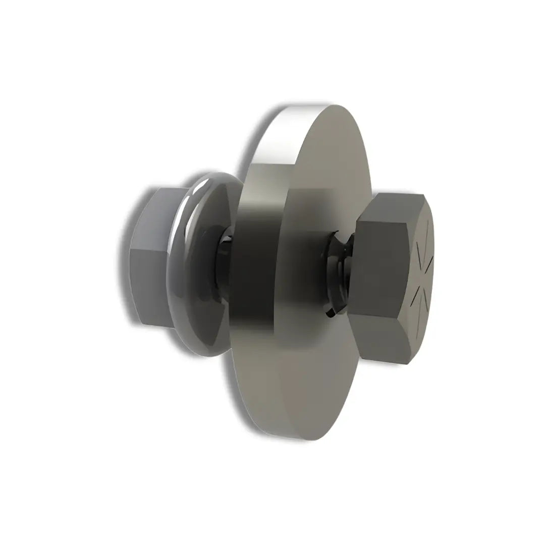 A high-resolution product image of 310861 (Unirac ROOFMOUNT RM5 Wind Deflector Hardware Kit), featuring a stainless steel hex-head bolt, a large-diameter flat washer, and a serrated flange nut. This specialized fastener assembly is designed to provide a secure, corrosion-resistant connection for attaching RM5 aerodynamic wind deflectors to ballasted solar racking trays.
