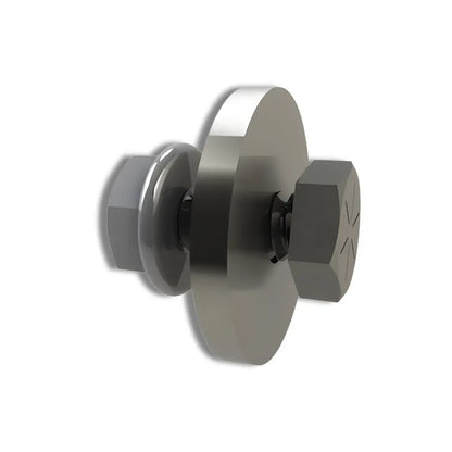 A high-resolution product image of 310861 (Unirac ROOFMOUNT RM5 Wind Deflector Hardware Kit), featuring a stainless steel hex-head bolt, a large-diameter flat washer, and a serrated flange nut. This specialized fastener assembly is designed to provide a secure, corrosion-resistant connection for attaching RM5 aerodynamic wind deflectors to ballasted solar racking trays.