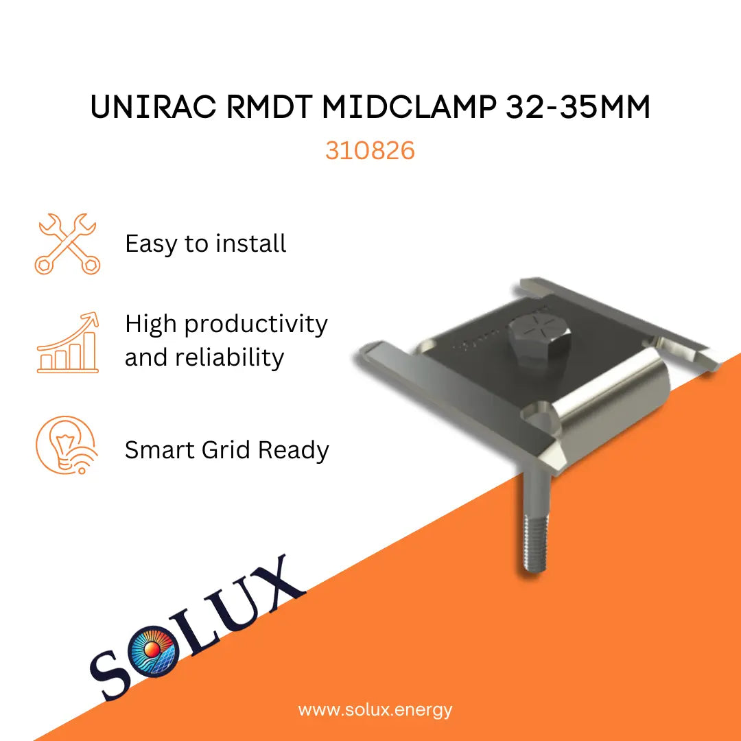 Unirac 310826 RMDT Mid Clamp 32-35mm info sheet highlighting easy install and smart grid ready features.