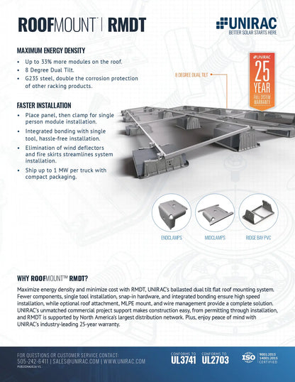 Unirac ROOFMOUNT RMDT brochure featuring 310826 RMDT Mid Clamp and ballasted dual tilt solar mounting system.