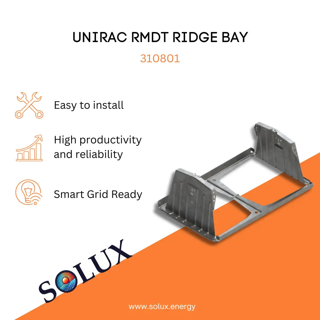 Unirac 310801 RMDT Ridge Bay Dual Tilt info sheet with icons for easy install and smart grid readiness.