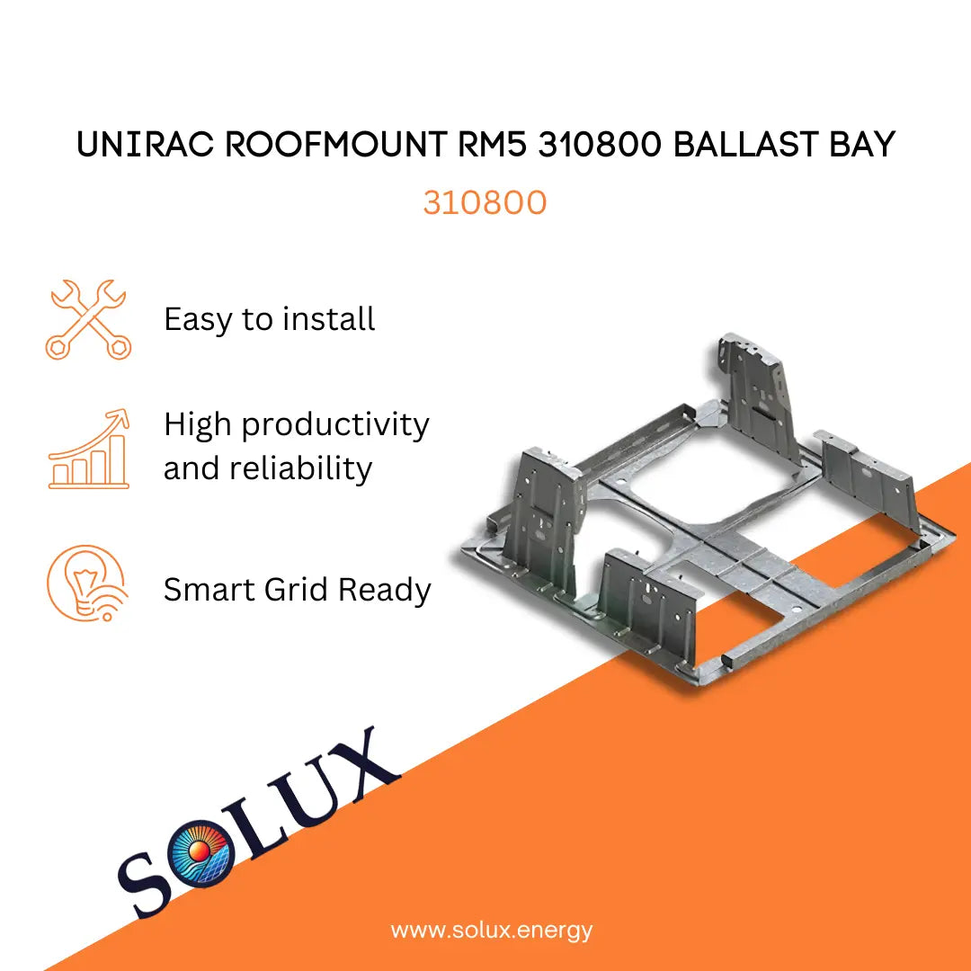 Marketing graphic for the Unirac 5 Degree Solar Ballast Bay RM5 310800, featuring a structural G-90 galvanized steel ballast tray designed for non-penetrating commercial flat-roof solar installations. The image includes SOLUX branding and icons for easy installation, high productivity and reliability, and smart grid readiness.