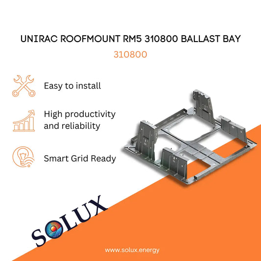 Marketing graphic for the Unirac 5 Degree Solar Ballast Bay RM5 310800, featuring a structural G-90 galvanized steel ballast tray designed for non-penetrating commercial flat-roof solar installations. The image includes SOLUX branding and icons for easy installation, high productivity and reliability, and smart grid readiness.