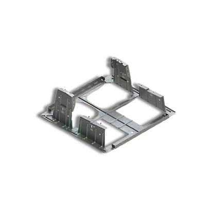A high-resolution product image 310800 (Unirac ROOFMOUNT RM5 Ballast Bay), featuring a G-90 galvanized steel tray designed for 5-degree tilt commercial solar arrays. This modular component provides a non-penetrating structural foundation for flat-roof PV systems, with integrated mounting points for solar modules and ballast blocks.