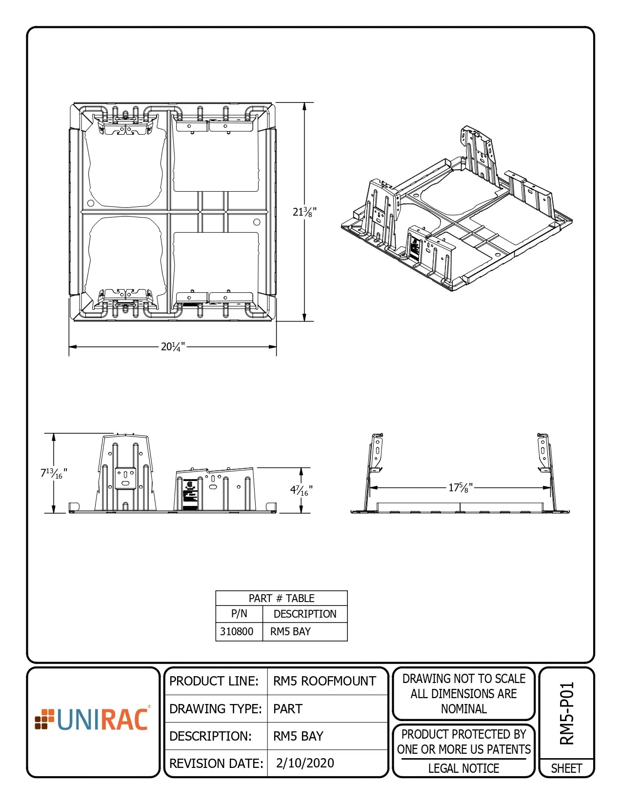 Technical engineering schematic for the 310800 Modular Ballast Racking (Unirac RM5 Bay), featuring top, front, side, and isometric views of the ballast tray.