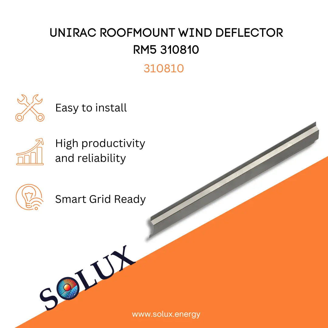 Marketing graphic for the Unirac Wind Deflector for Solar Panels RM5 310810, featuring a long, G-90 galvanized steel aerodynamic shield designed to reduce wind uplift on ballasted flat-roof solar arrays. The image includes SOLUX branding and icons for easy installation, high productivity and reliability, and smart grid readiness.
