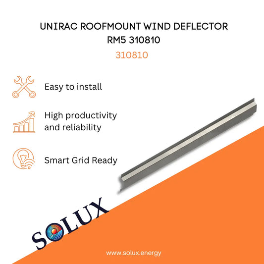 Marketing graphic for the Unirac Wind Deflector for Solar Panels RM5 310810, featuring a long, G-90 galvanized steel aerodynamic shield designed to reduce wind uplift on ballasted flat-roof solar arrays. The image includes SOLUX branding and icons for easy installation, high productivity and reliability, and smart grid readiness.