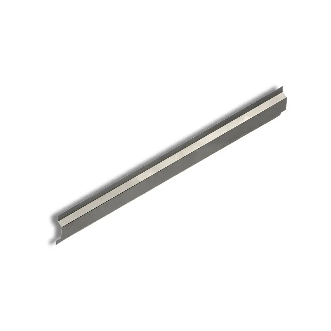 A high-resolution product image of 310810 (Unirac ROOFMOUNT RM5 Wind Deflector), featuring a long, G-90 galvanized steel aerodynamic shield designed for commercial flat-roof solar arrays. The deflector is engineered to snap onto the rear of the RM5 ballast bays to reduce wind uplift and minimize the total ballast weight required for array stability.