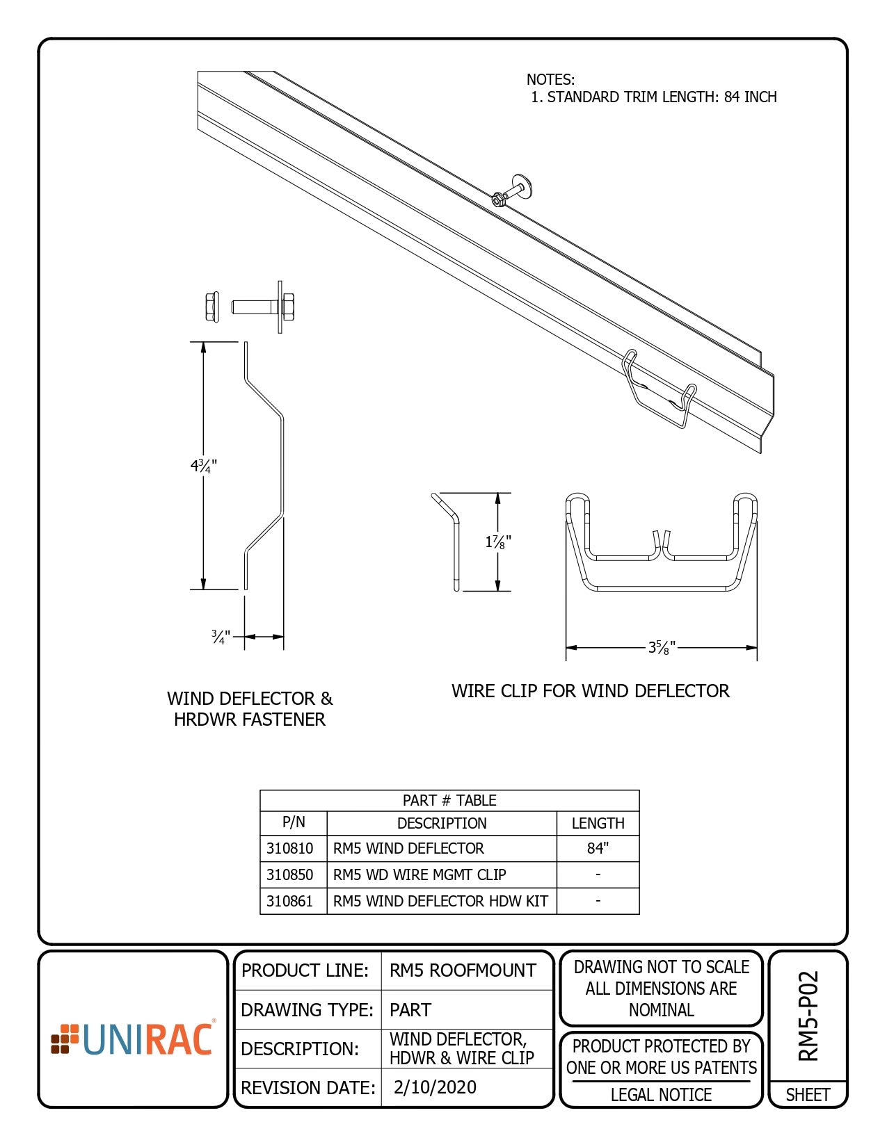 Technical engineering schematic for the 310810 Flat Roof Solar Wind Shield (Unirac RM5 Wind Deflector), featuring dimensional profiles for the deflector, hardware fasteners, and wire management clips.