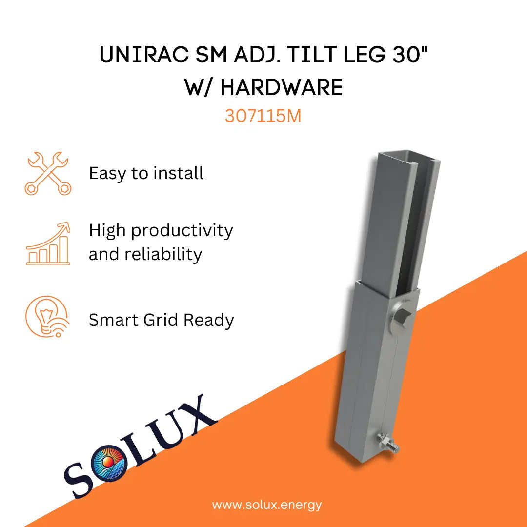 Unirac Adjustable Tilt Leg 30" w/ Hardware 307115M graphic with SOLUX brand logo and features.