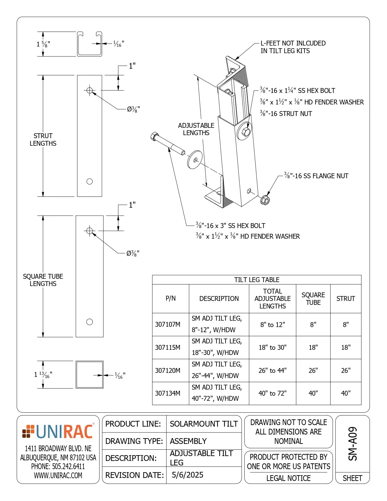 Technical spec sheet for 307115M tilt support showing assembly drawings, dimensions, and parts table