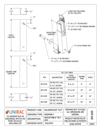 Technical spec sheet for 307115M tilt support showing assembly drawings, dimensions, and parts table