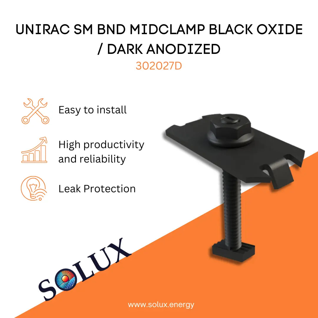 This is an image of Unirac SM Bonding Mid Clamp in color of Black Oxide and Dark Anodized Finis. SKU 302027D