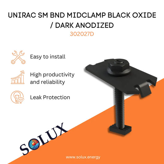 This is an image of Unirac SM Bonding Mid Clamp in color of Black Oxide and Dark Anodized Finis. SKU 302027D