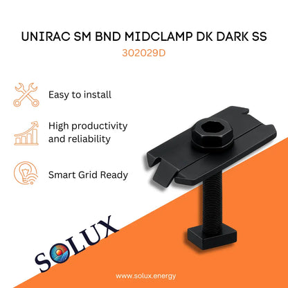 Unirac Mid Clamp Integrated Bonding Dark 302029D product graphic with SOLUX branding and features.