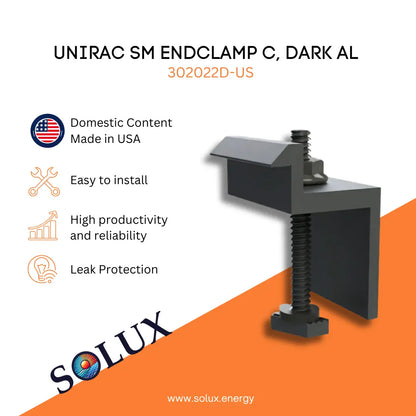 This is an image of Unirac SM End Clamp C, Dark Aluminum, 302022D-US, domestic content